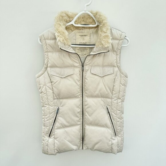 Zara Trafaluc Quilted Puffer Vest Beige SZ Large Removable Hood, Faux Fur Collar - Picture 3 of 16
